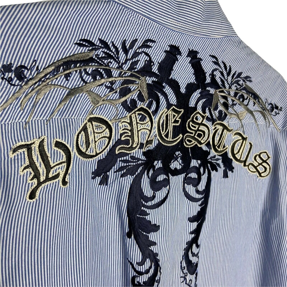 Monarchy Collection Y2K Embroidered Shirt Men Medium Blue Stripe Gothic Grunge‎